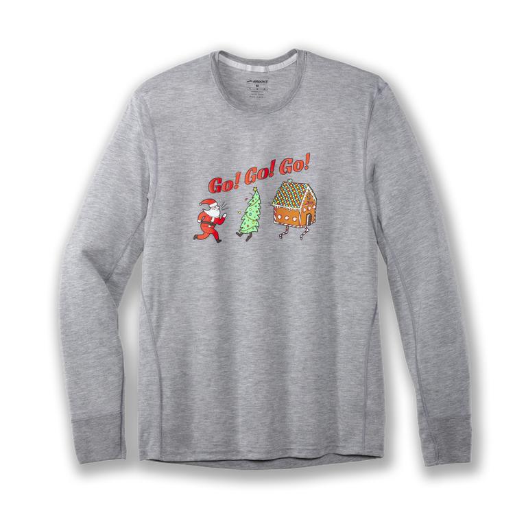 Brooks Run Merry Long Sleeve Running Shirt - Men's - Heather Ash/Go Go Go/Grey (84130-SGVJ)